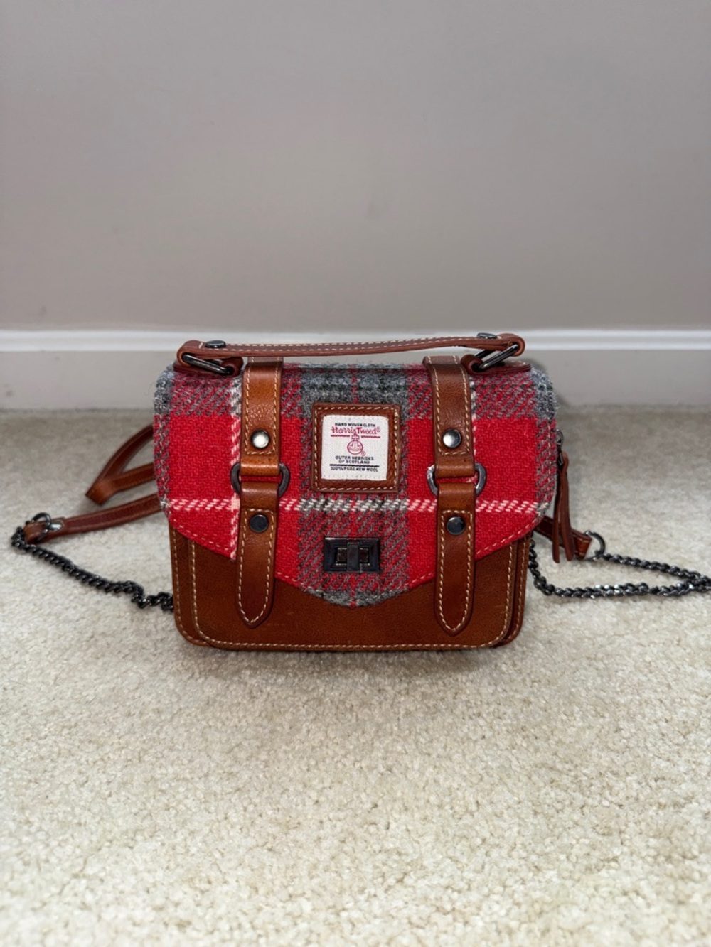 Harris Tweed Red Plaid Crossbody Satchel with Brown Leather Trim